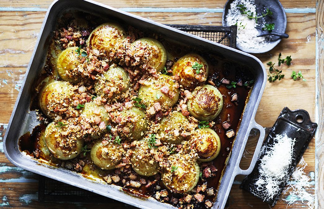 Slow Roasted Onions with Cheesy Bacon Crumble