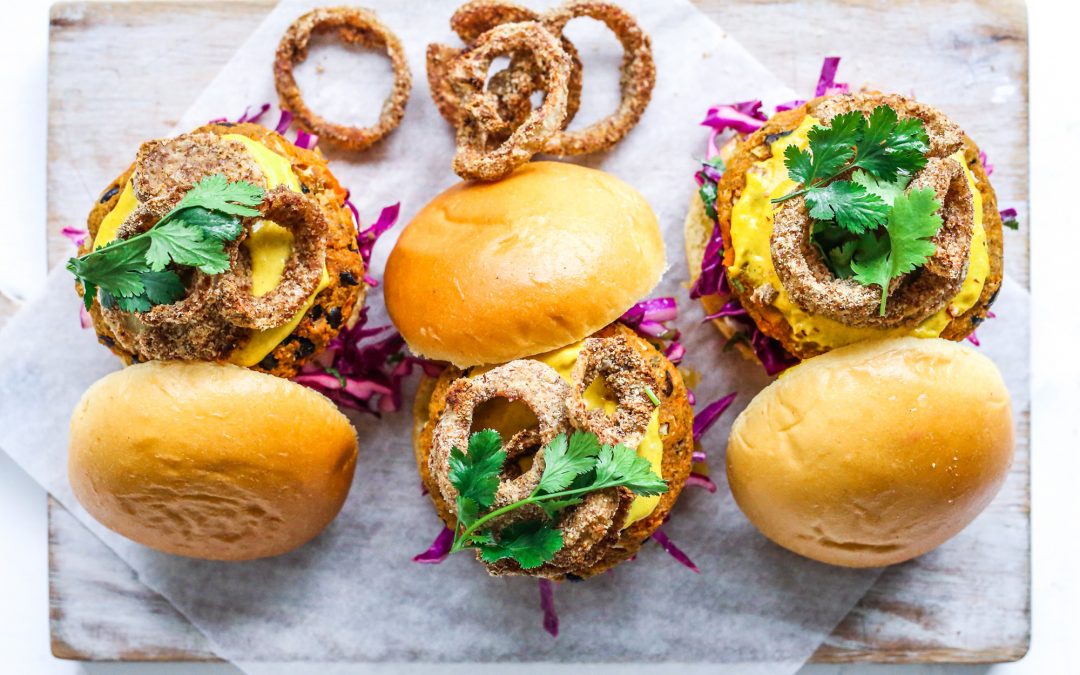 Sweet Potato Burger with Cumin Spiced Onion Rings