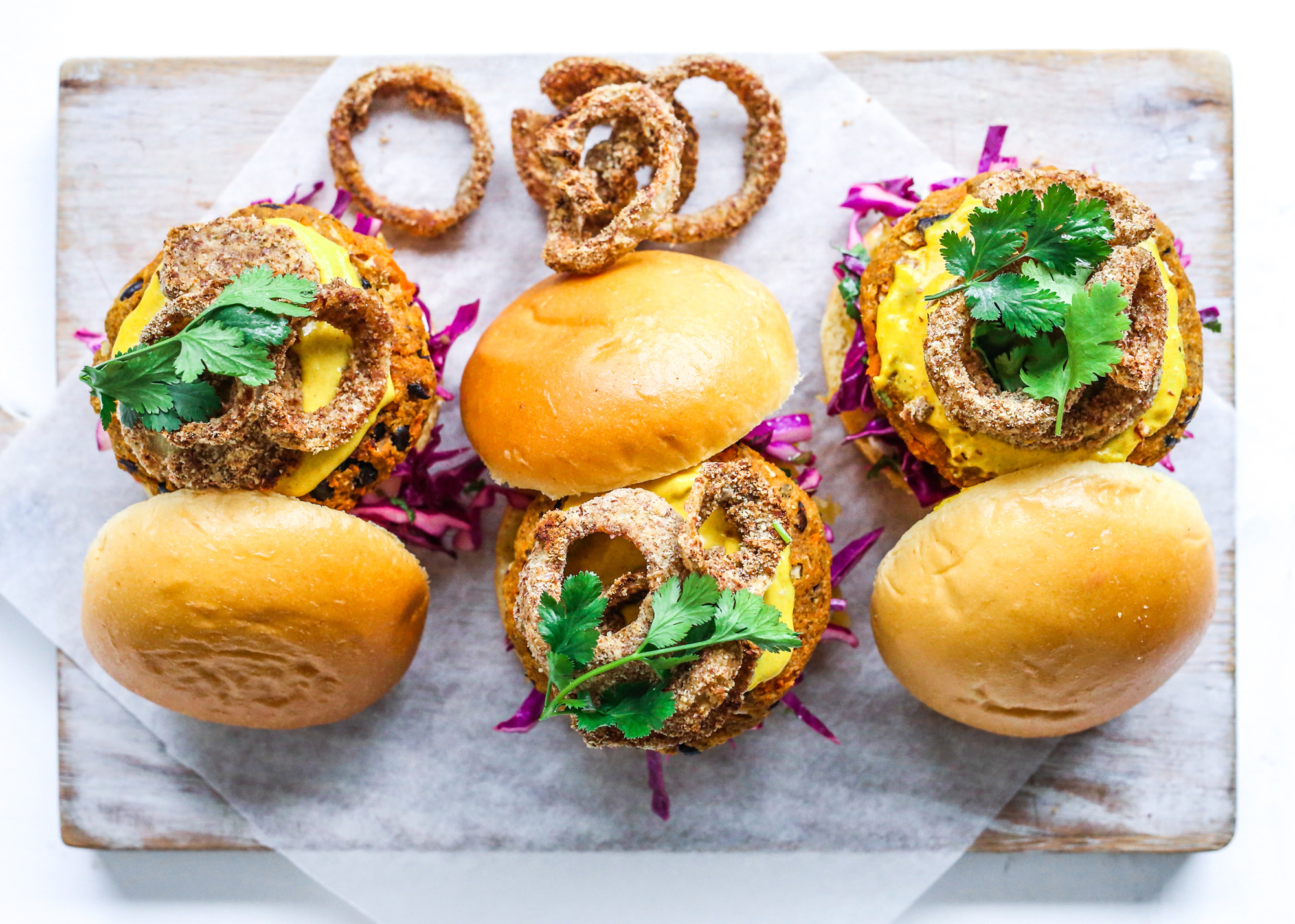 Sweet Potato Burgers with Cumin Spiced Onion Rings