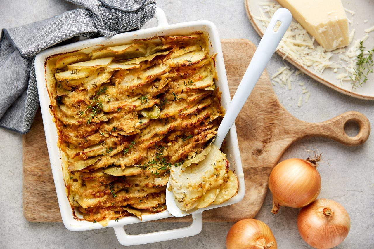 Cheesy onion and potato tray bake Australian Onions
