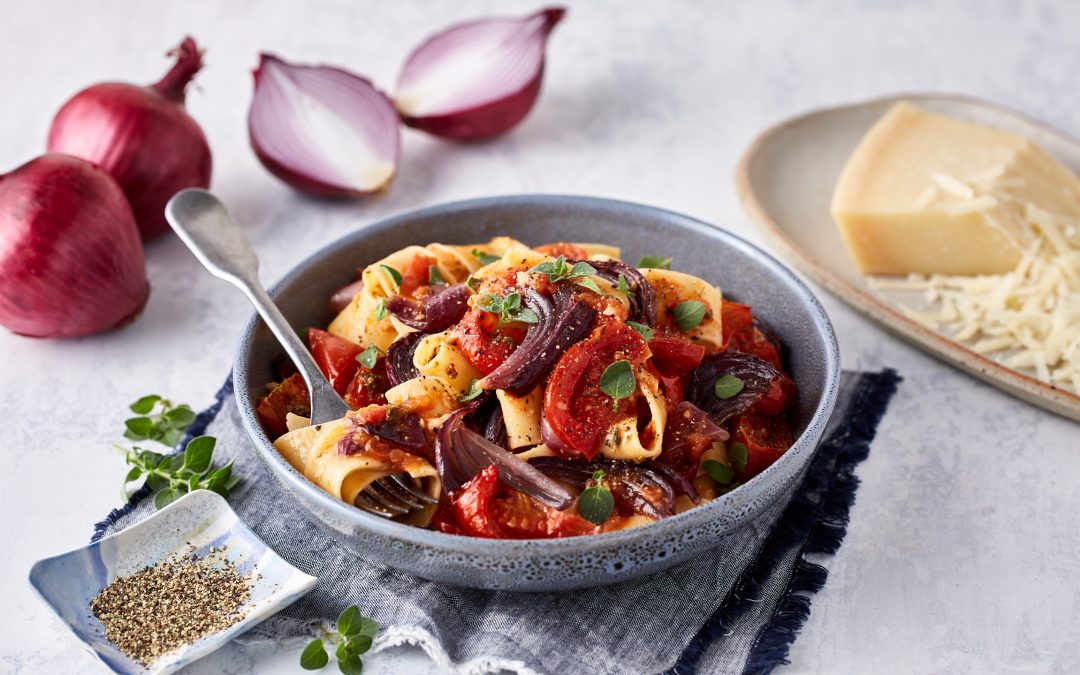 Oven roasted red onion and truss tomato pasta