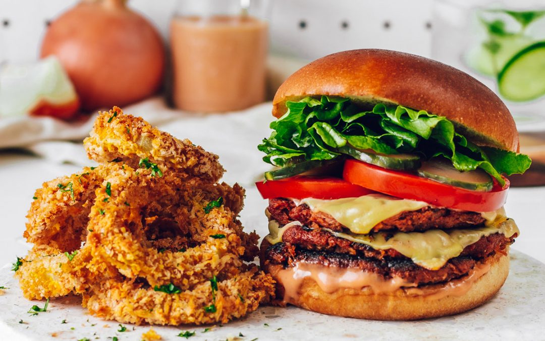 Double Vegan ‘Beef’ Burger with Spicy Onion Rings