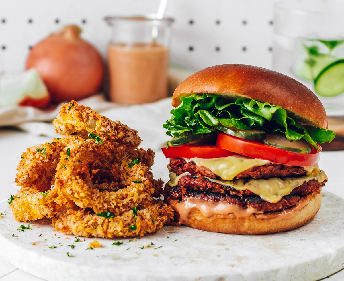 Double Vegan ‘Beef’ Burger with Spicy Onion Rings