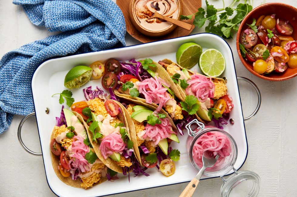 Cornflake crumb fish tacos with quick red onion pickle Australian Onions