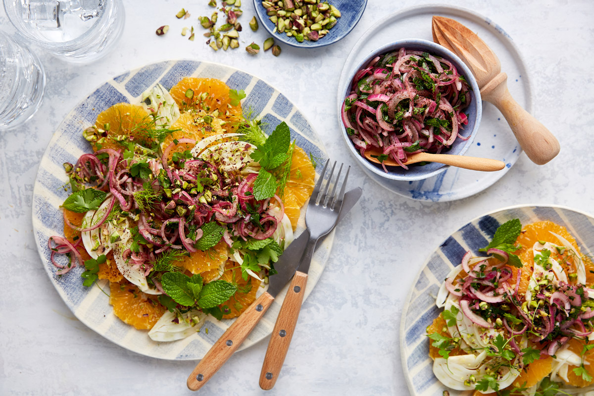 Citrus salad with quick onion pickle