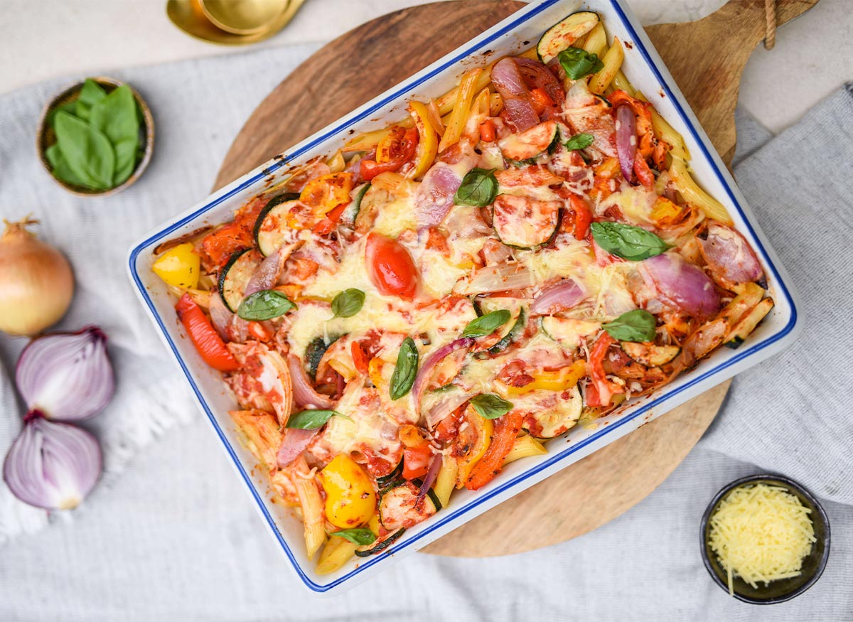 Red Onion and Vegetable Pasta Bake