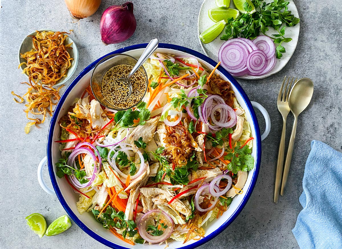 Asian Chicken Salad with Red Onion Slaw & Crispy Onions