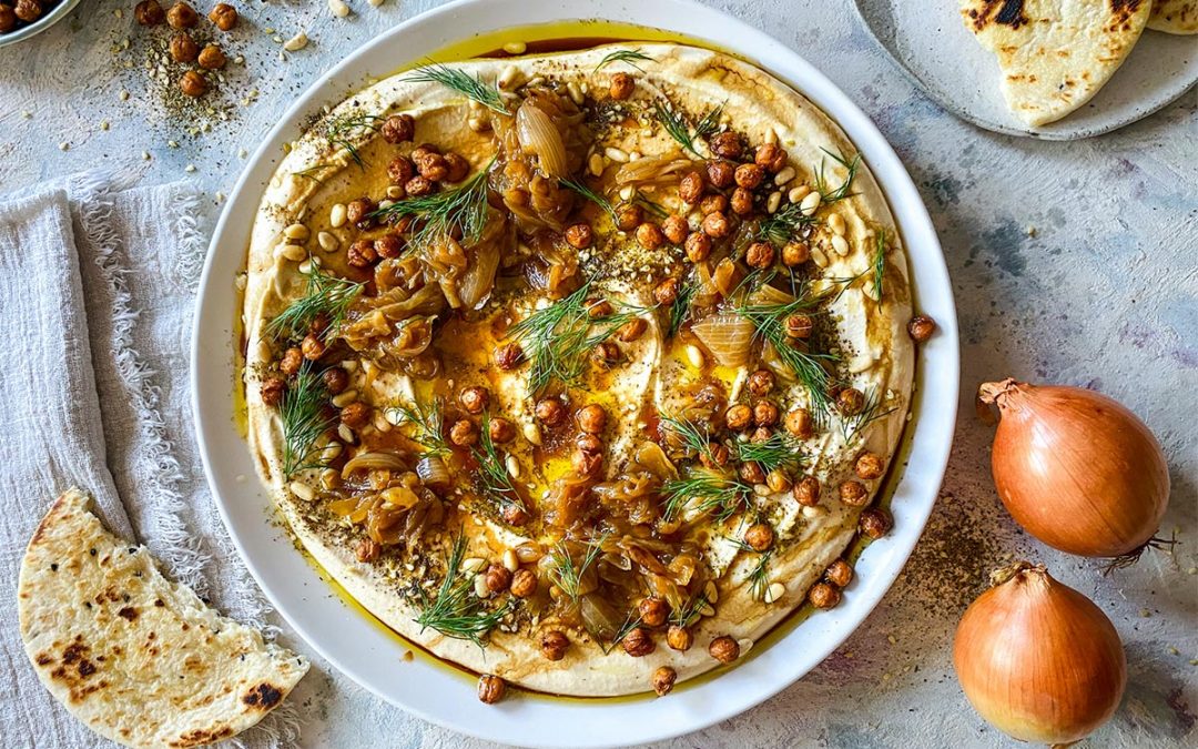 Hummus with Caramelised Onions, Crispy Chickpeas, Pine Nuts