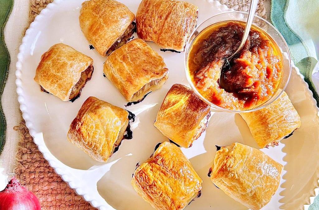 Sausage rolls with Quick Onion Relish