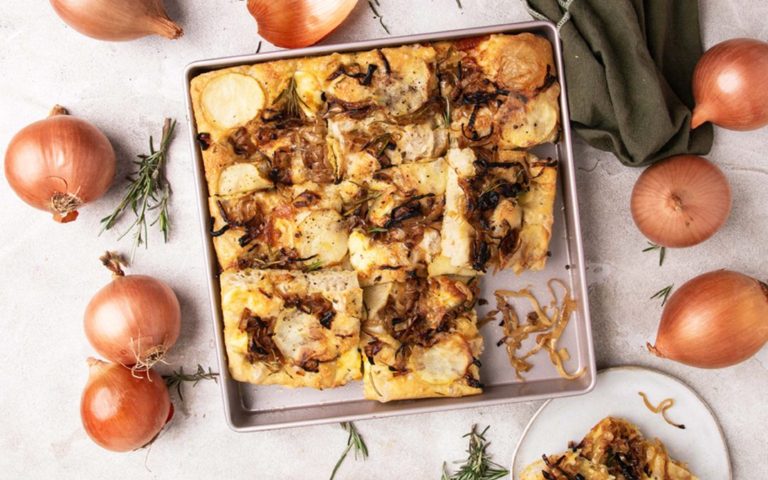 Caramelised onion sheet pan pizza