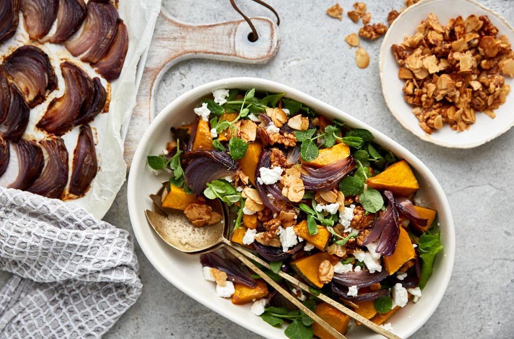 Roasted Red Onion, Pumpkin & Feta Salad with Crispy Caramelised Nuts